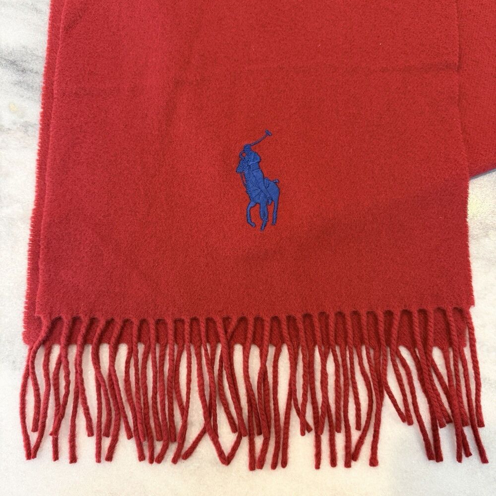 Polo Ralph Lauren Wool Red Scarf Fringe Large Pony Logo Made In Italy 66” Long